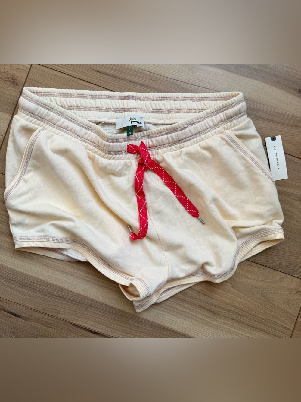 Anthropologie Daily Practice Women's Cream Drawstring Shorts with Coral Tie